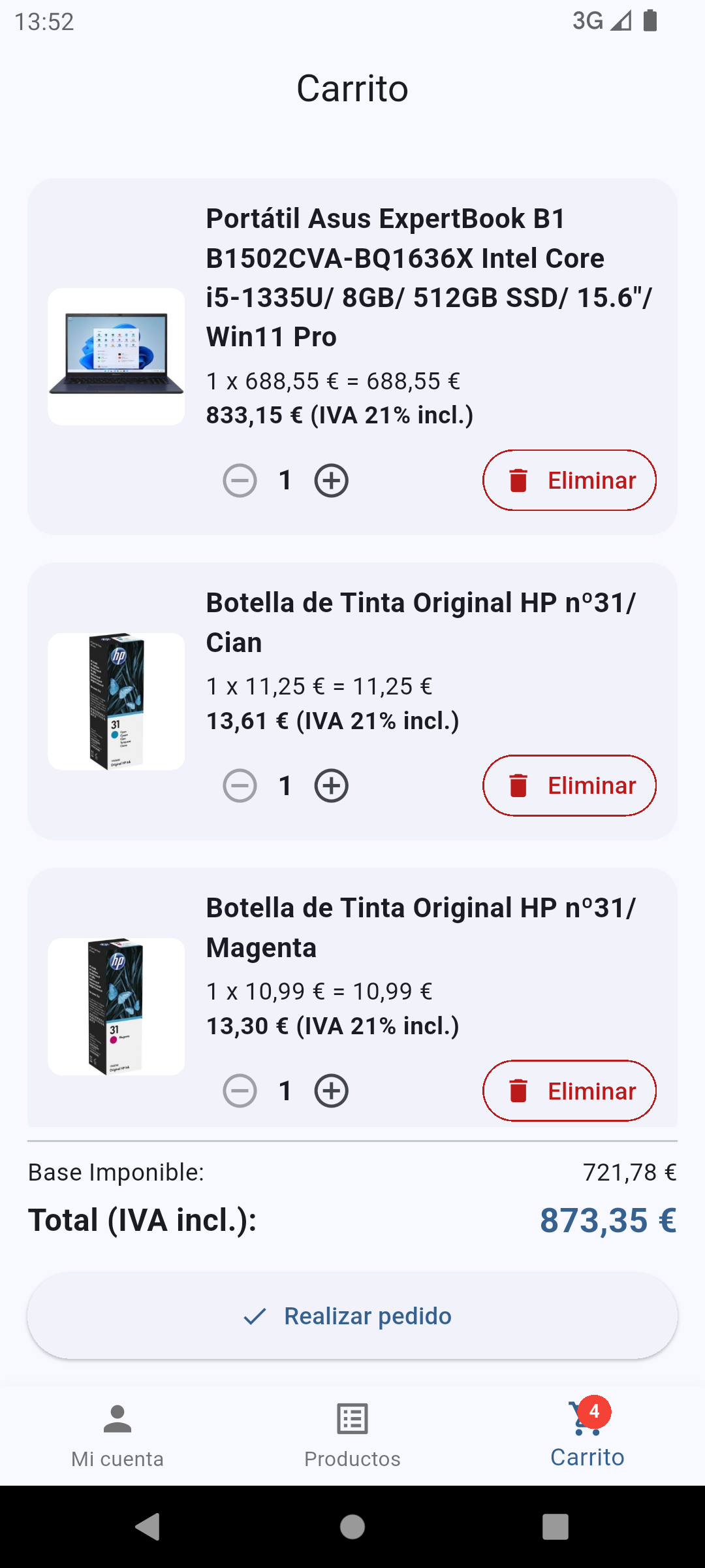 Pantalla de pedido en la app EvoGo